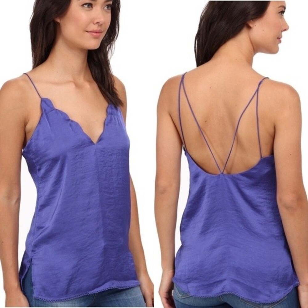 Free People Sensual Sexy Satin Scallop Deep V Strappy Cami Blue Purple Haze M